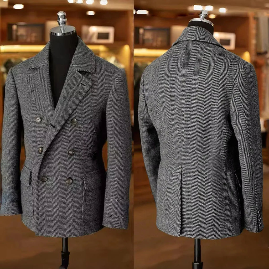 British Men's Blazers Vintage Herringbone Tweed Formal Jacket Wool Blend Double Breasted Casual Autumn Winter Suit Coat