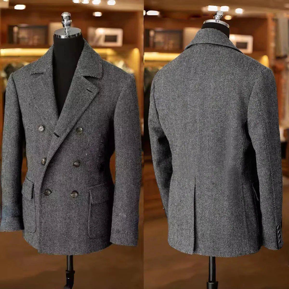 British Men's Blazers Vintage Herringbone Tweed Formal Jacket Wool Blend Double Breasted Casual Autumn Winter Suit Coat