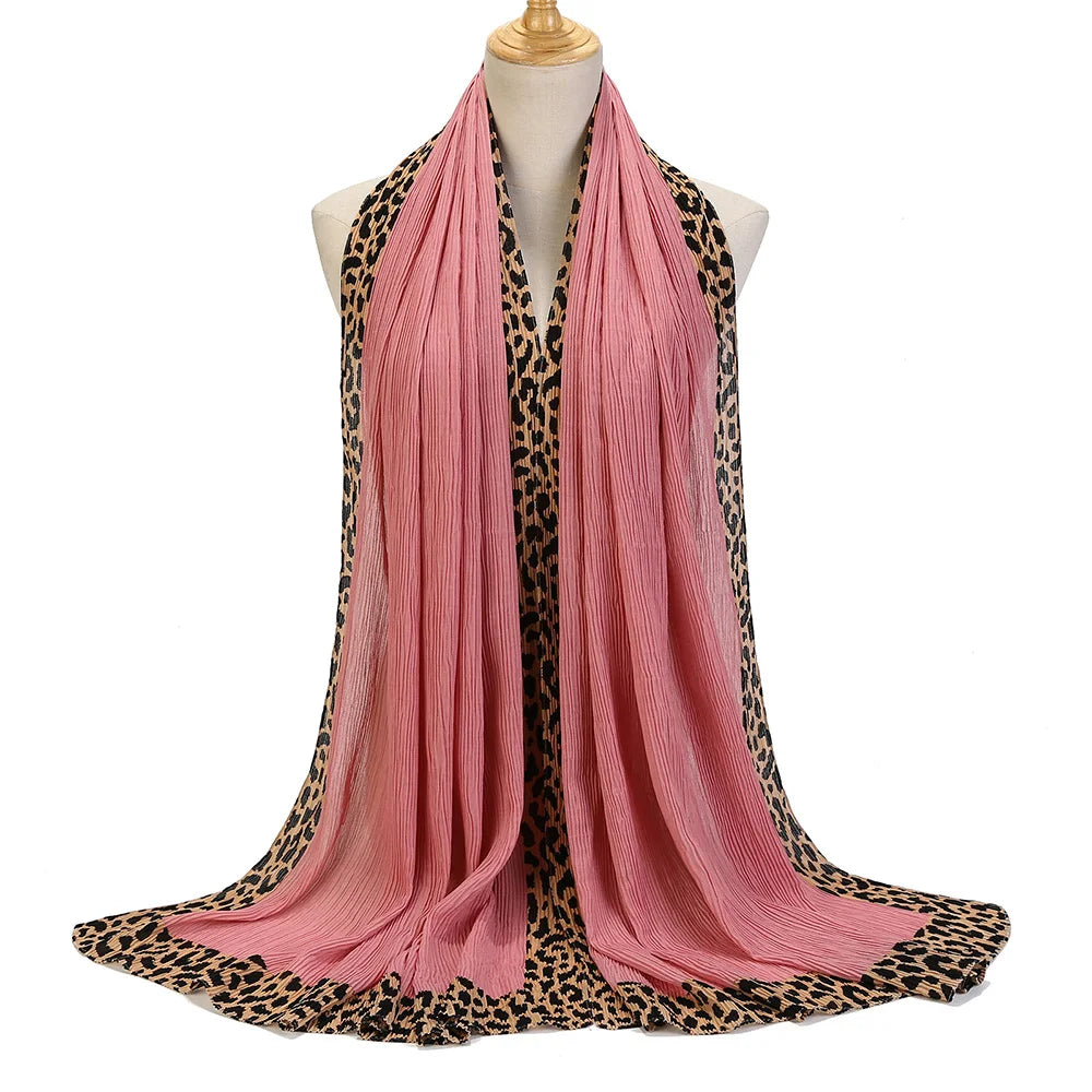 New Pleated Cotton Scarf Leopard Print Hijab Islamic Solid Headscarf Crinkle Hijab Foulard Femme Musulman Wrap