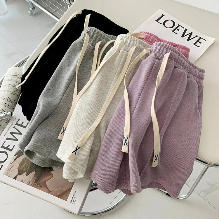 Summer Shorts Women Elasticity Lovely Girls Korean Style Sweet Students Harajuku Simple Pure Gray Oversize Trousers Female 2026