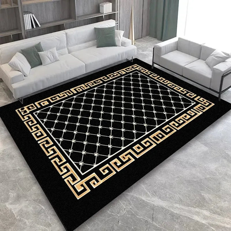 Luxury Black Gold Greek Key Area Rug Nordic Geometric Carpet for Living Room Bedroom Non-Slip Washable Floor Mat