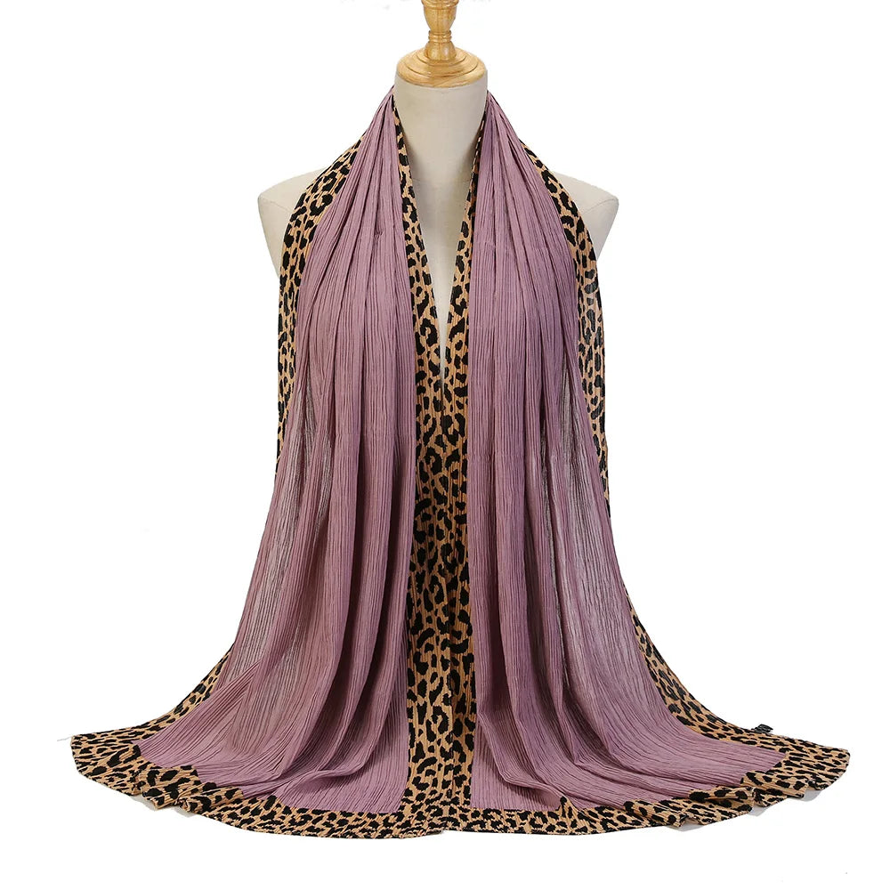 New Pleated Cotton Scarf Leopard Print Hijab Islamic Solid Headscarf Crinkle Hijab Foulard Femme Musulman Wrap