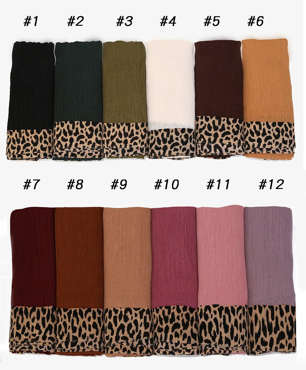New Pleated Cotton Scarf Leopard Print Hijab Islamic Solid Headscarf Crinkle Hijab Foulard Femme Musulman Wrap
