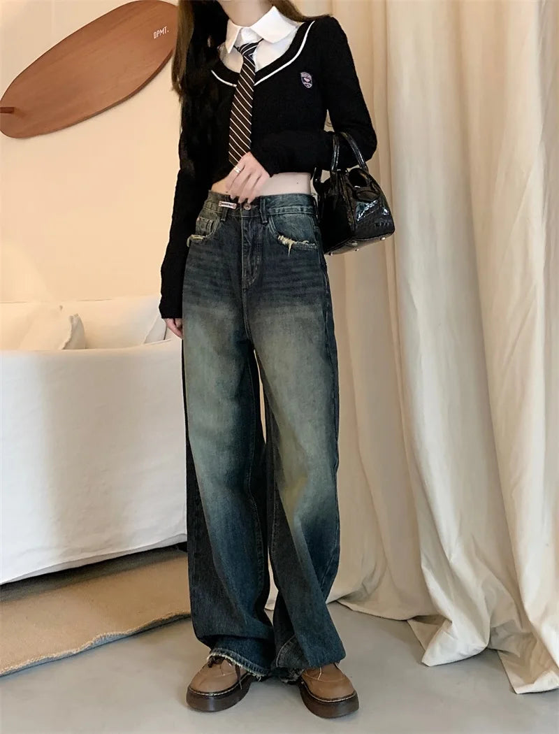 Women's New High-waisted Slimming Straight-leg Loose-fit Vintage American Style Casual Jeans Bell Bottoms For Women