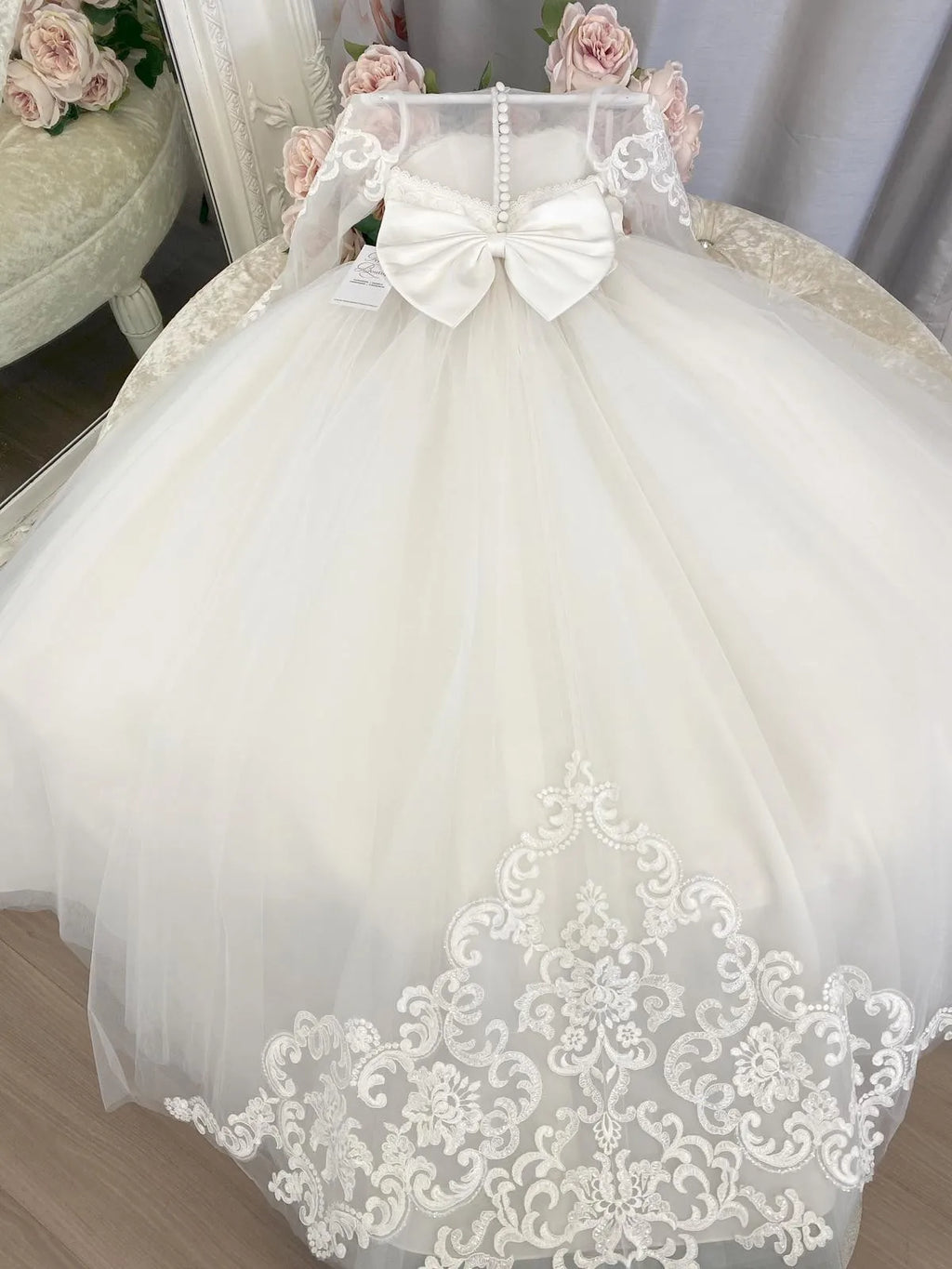 BABYONLINE Long Sleeve Flower Girl Dresses For Wedding Guest Kids Bridesmaid With Bow White Ivory Lace Tulle First Communion
