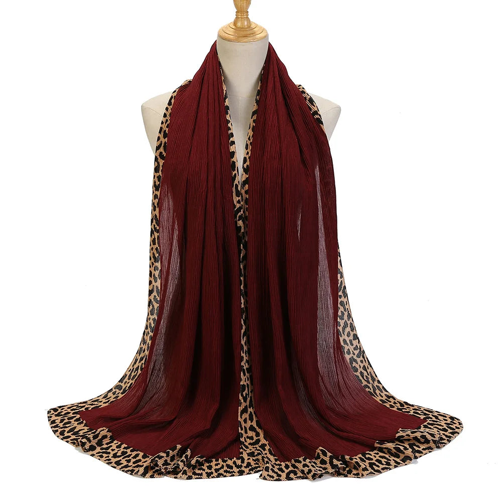 New Pleated Cotton Scarf Leopard Print Hijab Islamic Solid Headscarf Crinkle Hijab Foulard Femme Musulman Wrap