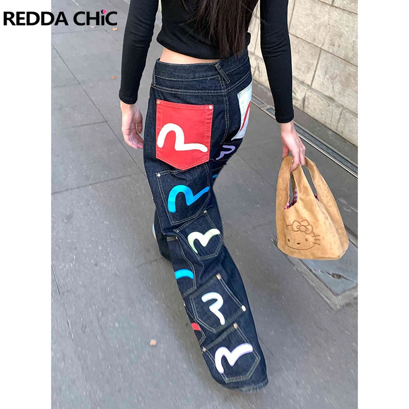 REDDACHiC Hiphop Trendy Cargo Jeans Women Plus Size Colorful Graffiti Multi-pocket Wide Leg Pants Vintage Boyfriend Streetwear
