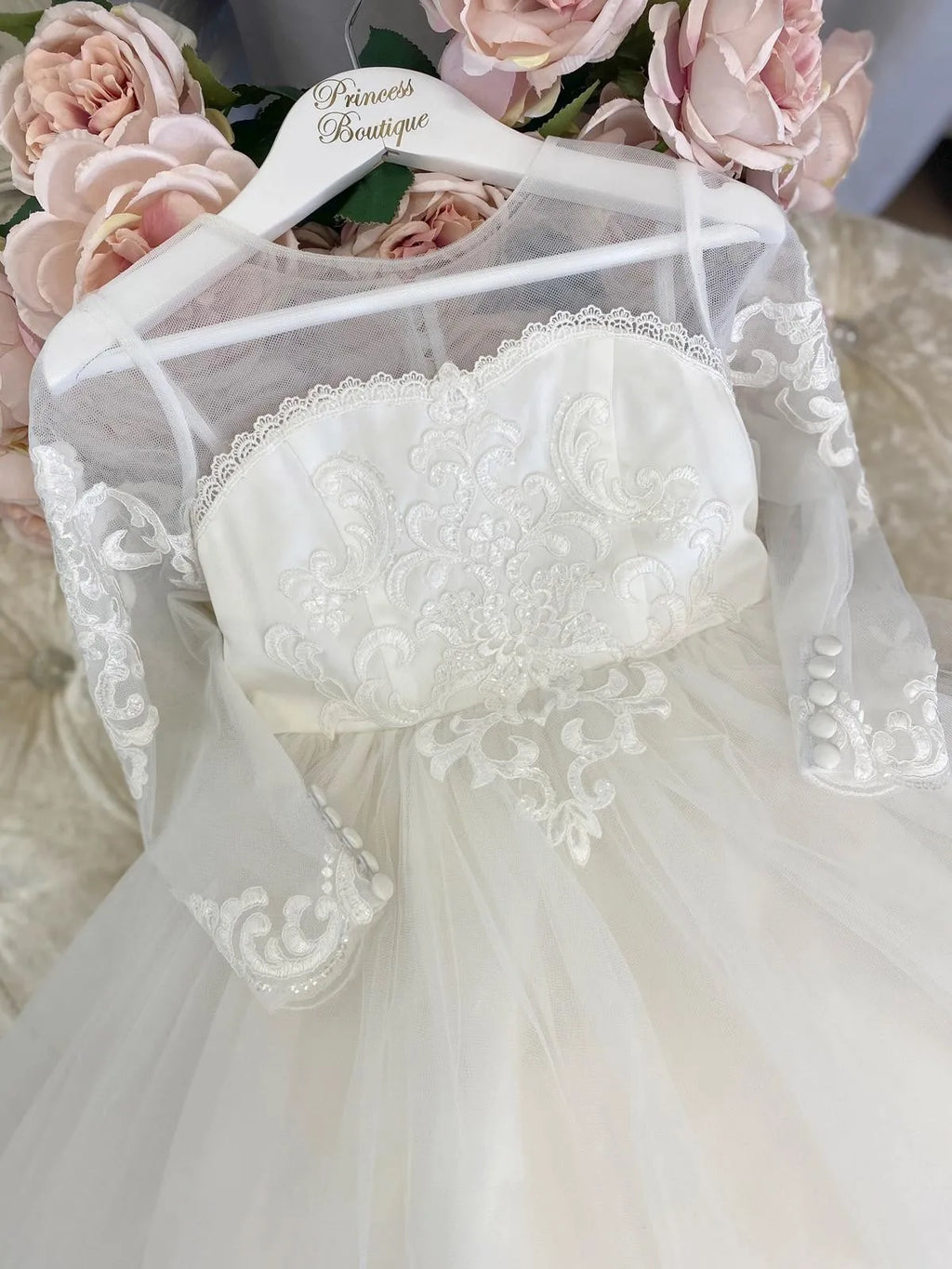 BABYONLINE Long Sleeve Flower Girl Dresses For Wedding Guest Kids Bridesmaid With Bow White Ivory Lace Tulle First Communion