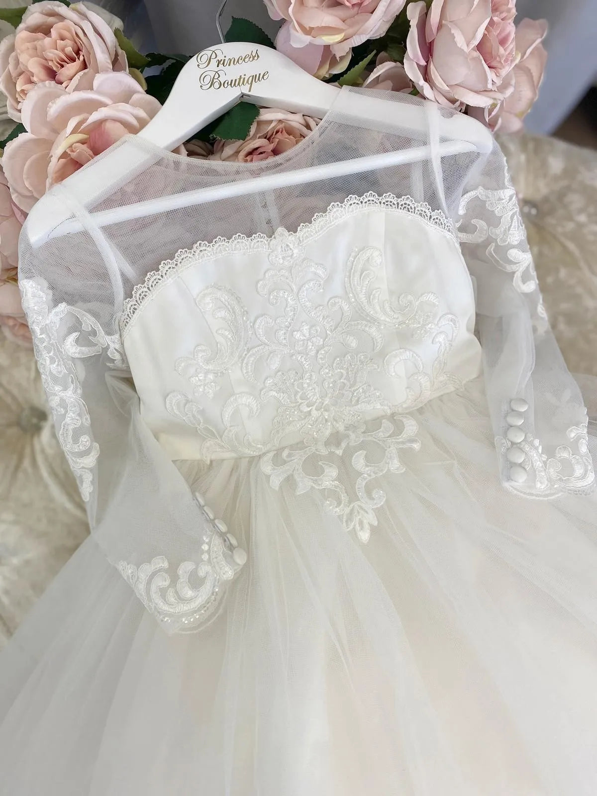 BABYONLINE Long Sleeve Flower Girl Dresses For Wedding Guest Kids Bridesmaid With Bow White Ivory Lace Tulle First Communion
