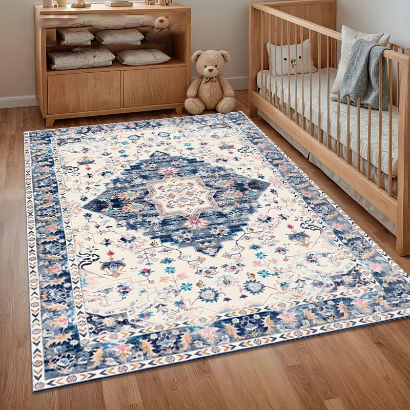 A Area Rug Carpet Non Slip Vintage Blue Persian Floral Floor Mat for Nursery Bedroom Living Room Kids Room Home Decor Dorm Gift