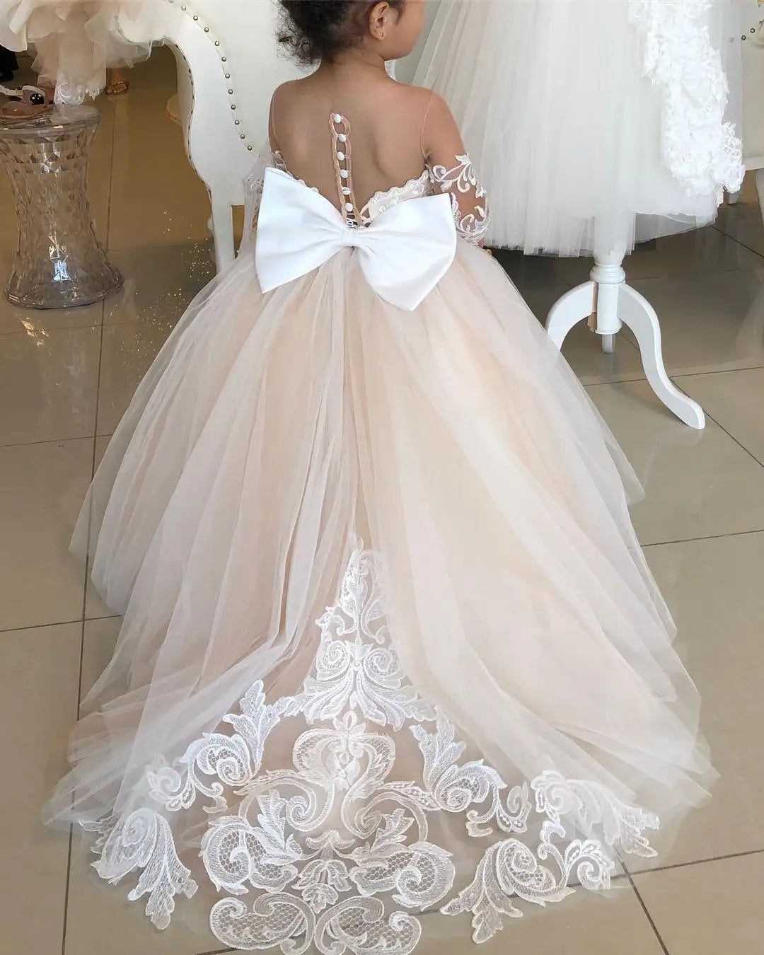 BABYONLINE Long Sleeve Flower Girl Dresses For Wedding Guest Kids Bridesmaid With Bow White Ivory Lace Tulle First Communion