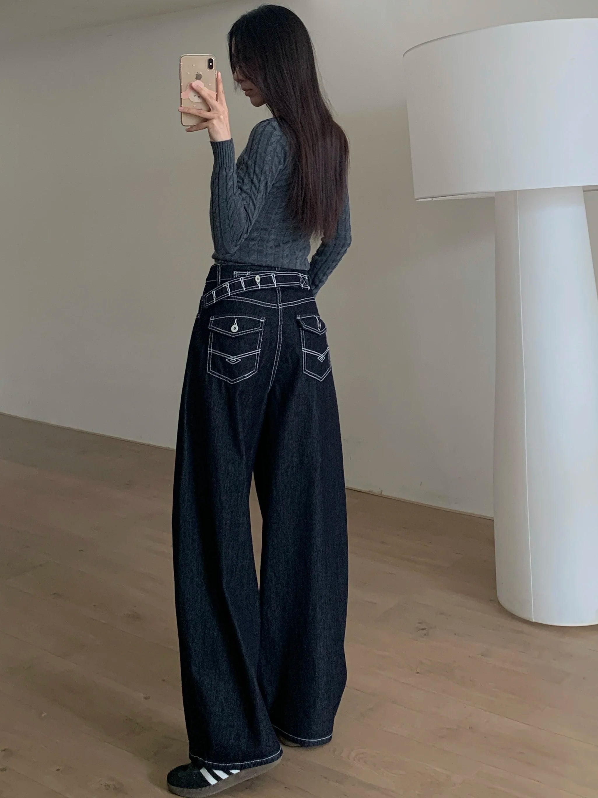 American Retro Wide Leg Pants Loose Fit Original Color Denim Loose Trousers High Street Drapey Silhouette Straight Jeans