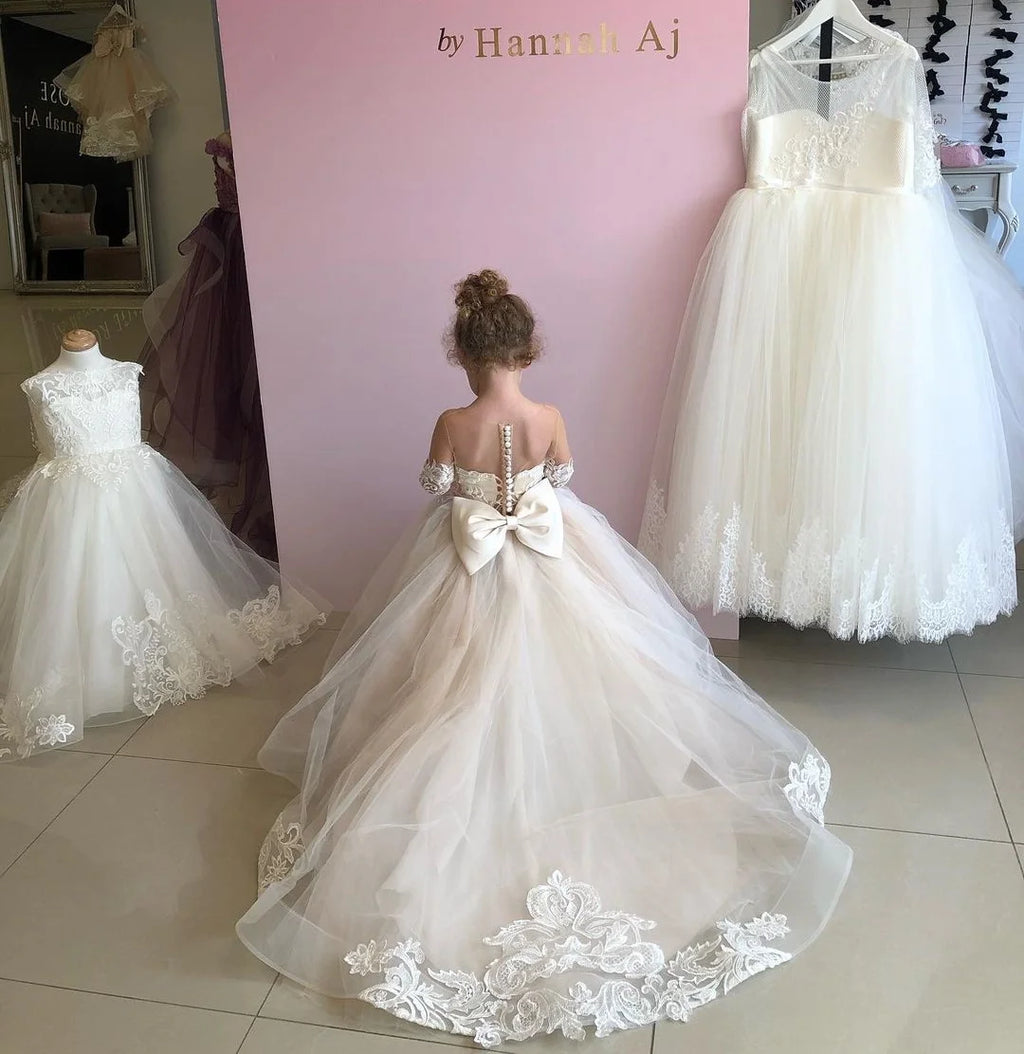 BABYONLINE Long Sleeve Flower Girl Dresses For Wedding Guest Kids Bridesmaid With Bow White Ivory Lace Tulle First Communion