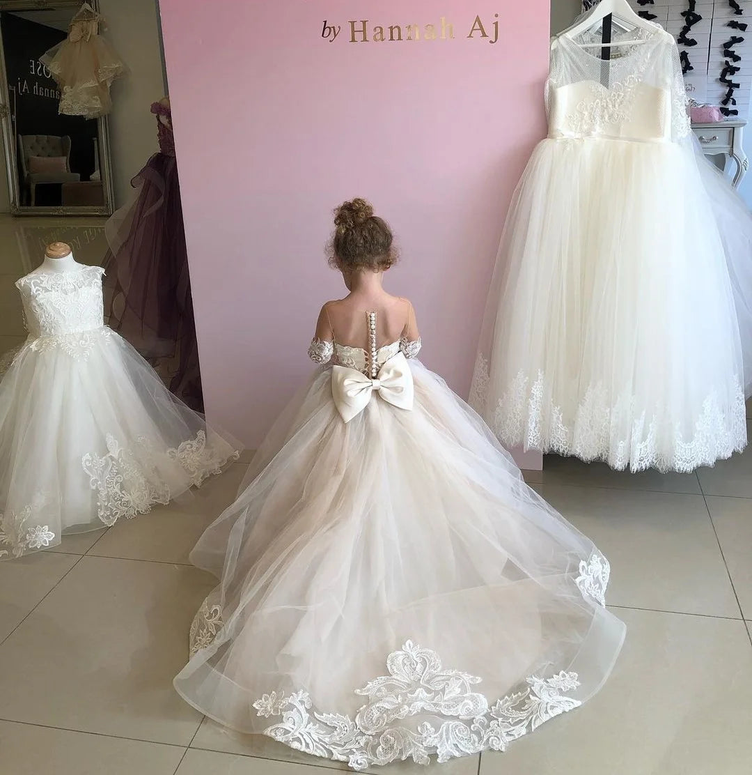 BABYONLINE Long Sleeve Flower Girl Dresses For Wedding Guest Kids Bridesmaid With Bow White Ivory Lace Tulle First Communion
