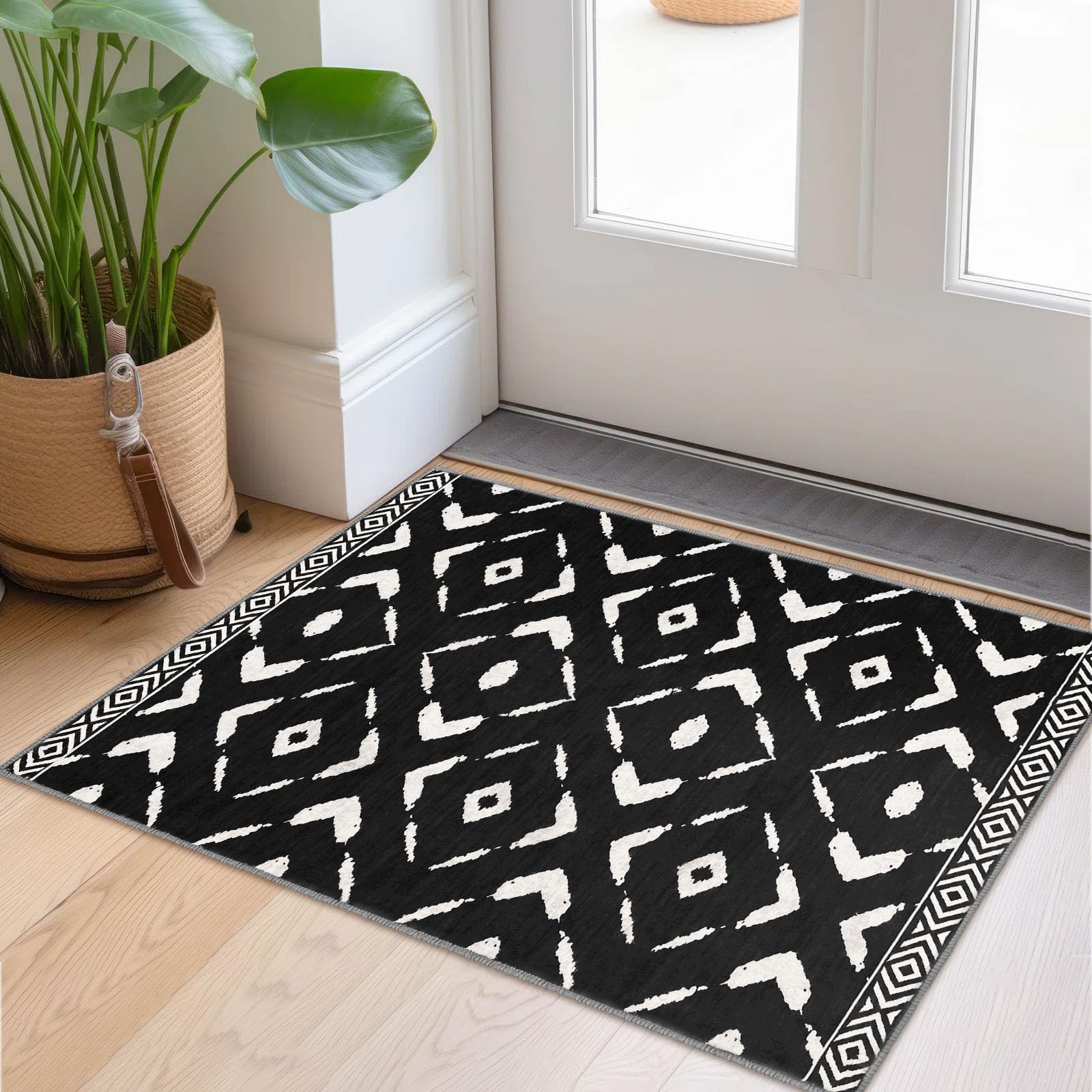 KILOCOCO Small Area Rug 2x3 Entryway Rug Moroccan Rug Indoor Door Mat Machine Washable Non Slip Throw Rug for Bedroom Kitchen Entrance Geometric Boho Rug Bluish Black